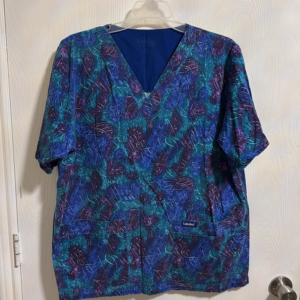 Landau Women’s Scrub Top Large V-Neck Short Sleeve Pockets Cotton Blend Colorful - Picture 13 of 13